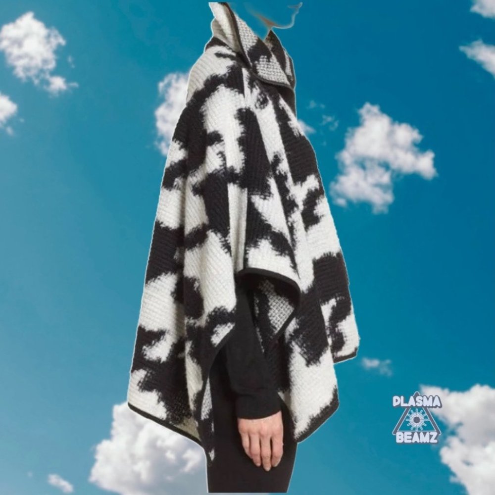 French Connection Black & White Wool Blend Zip Front Poncho S/M - Picture 2 of 16